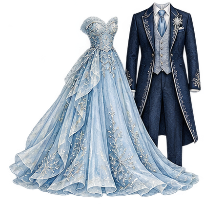 Watercolor ice blue evening gown and midnight suit