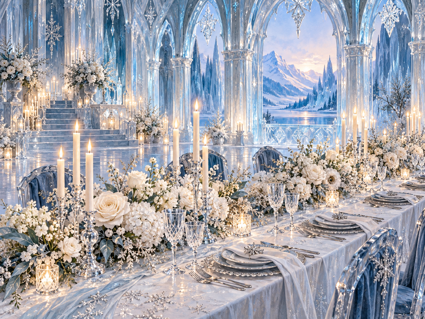 Candlelit wedding banquet inside a watercolor ice palace
