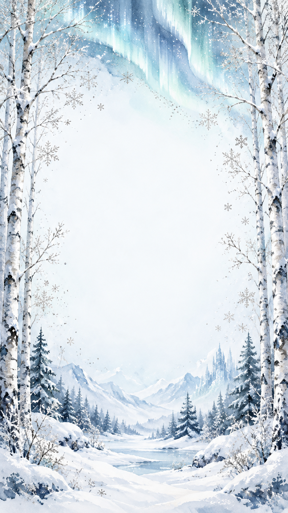 Watercolor snowy birch trees beneath a silver aurora