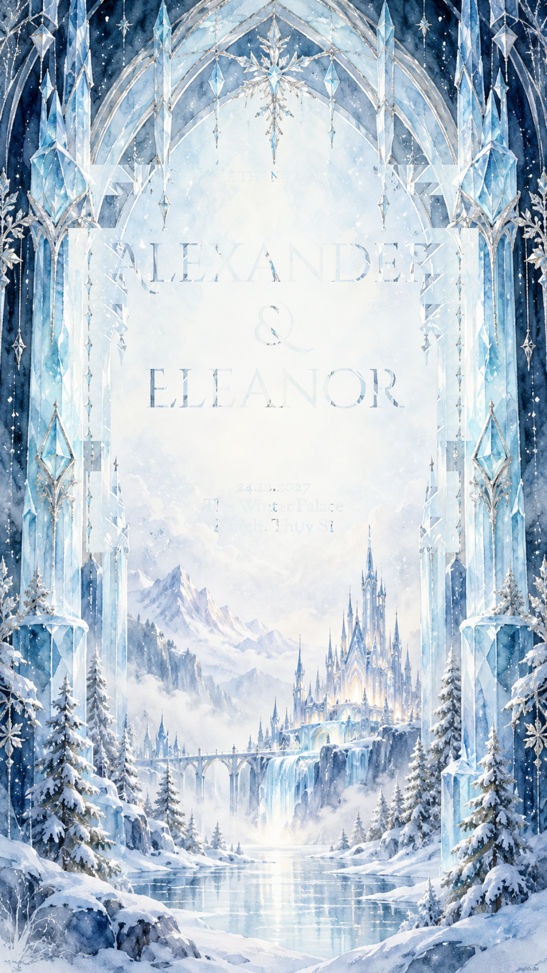 A watercolor ice palace and winter forest beneath a luminous crystal arch