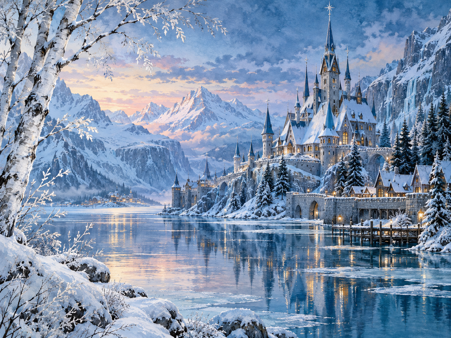 Hand-painted Nordic castle beside a snowy fjord