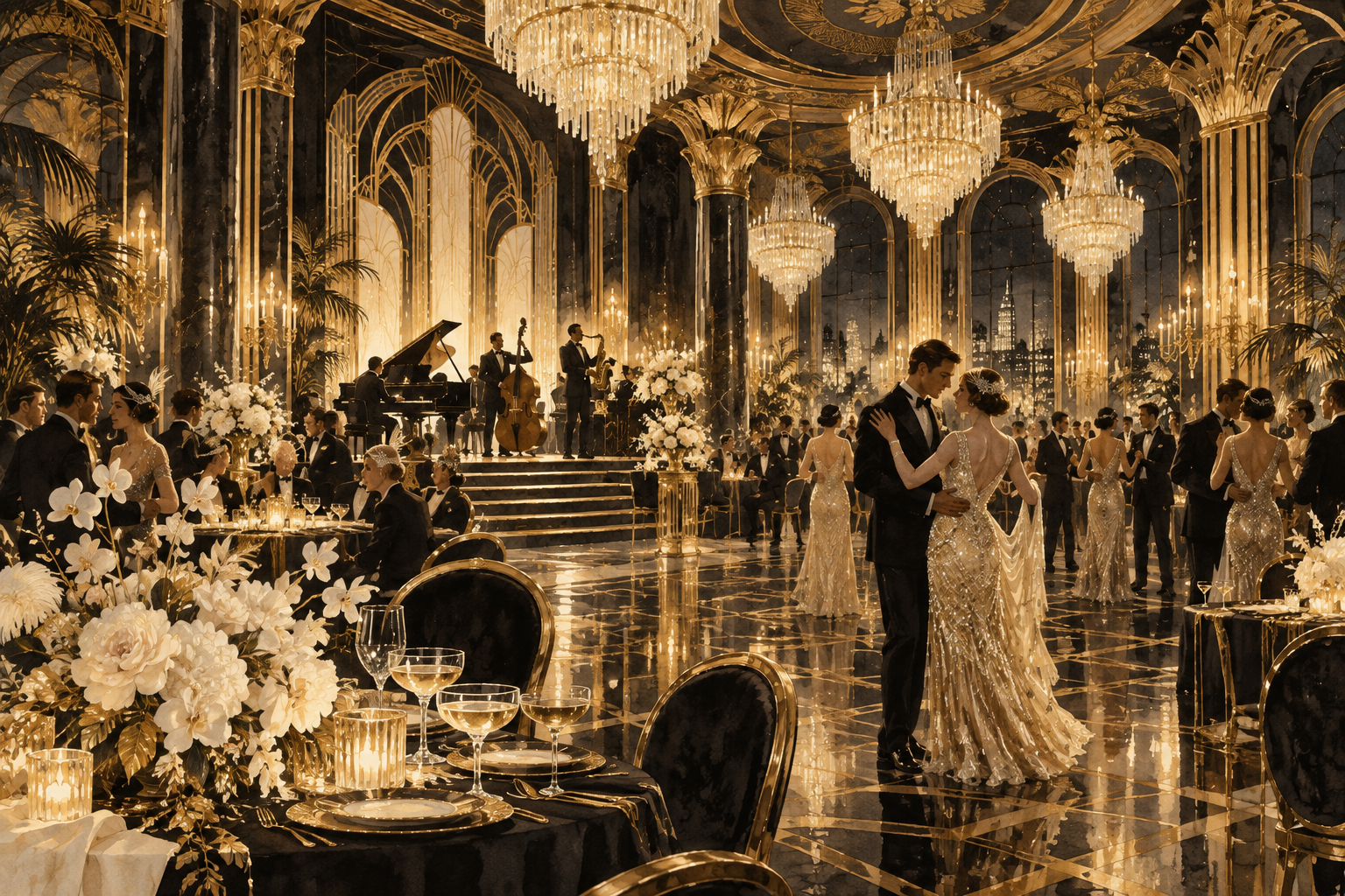 An opulent candlelit ballroom set for a black and gold wedding dinner