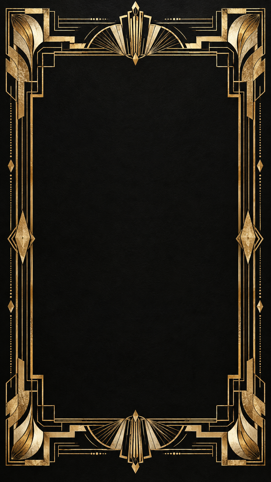 A black invitation card with intricate gold Art Deco foil