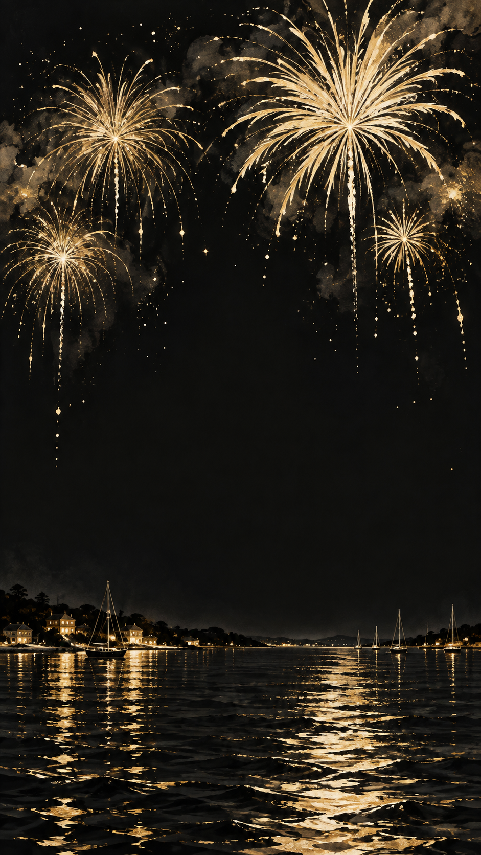 Golden fireworks reflected across the dark bay