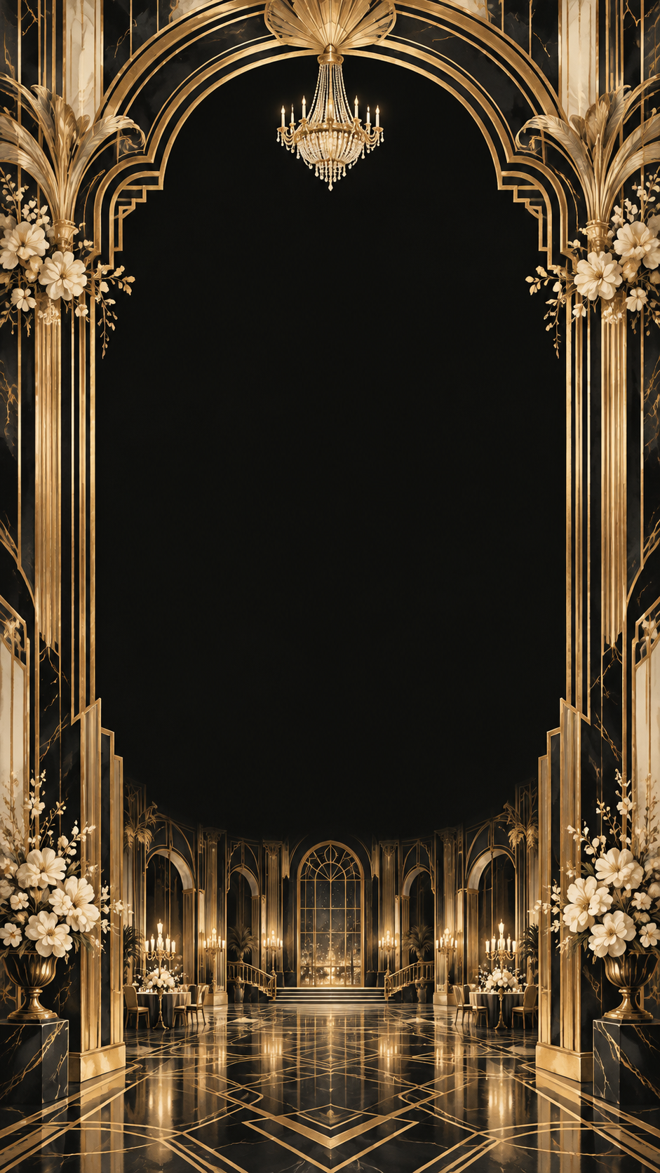 A lavish symmetrical gold Art Deco frame surrounding a candlelit ballroom