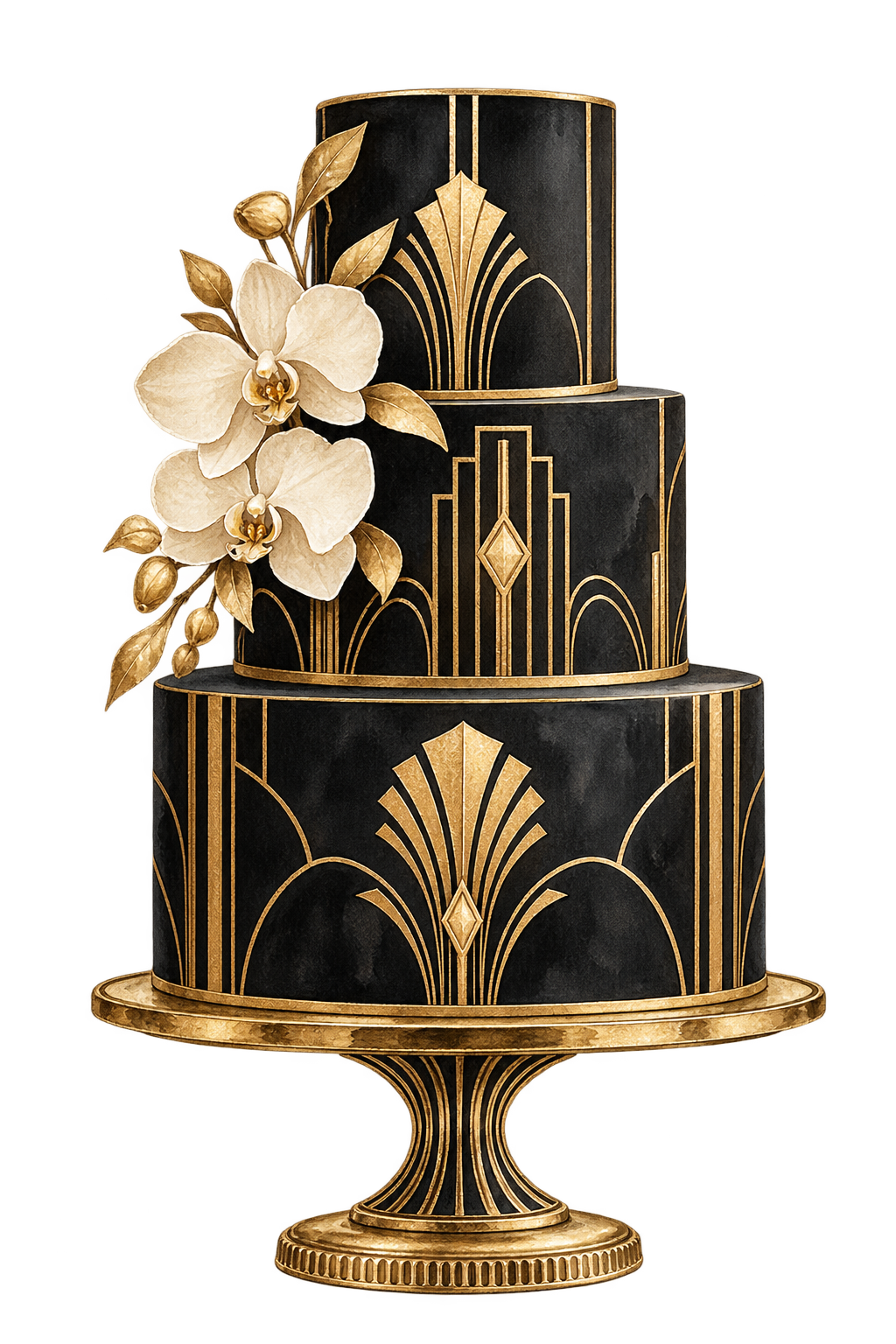 An elegant black and gold wedding cake
