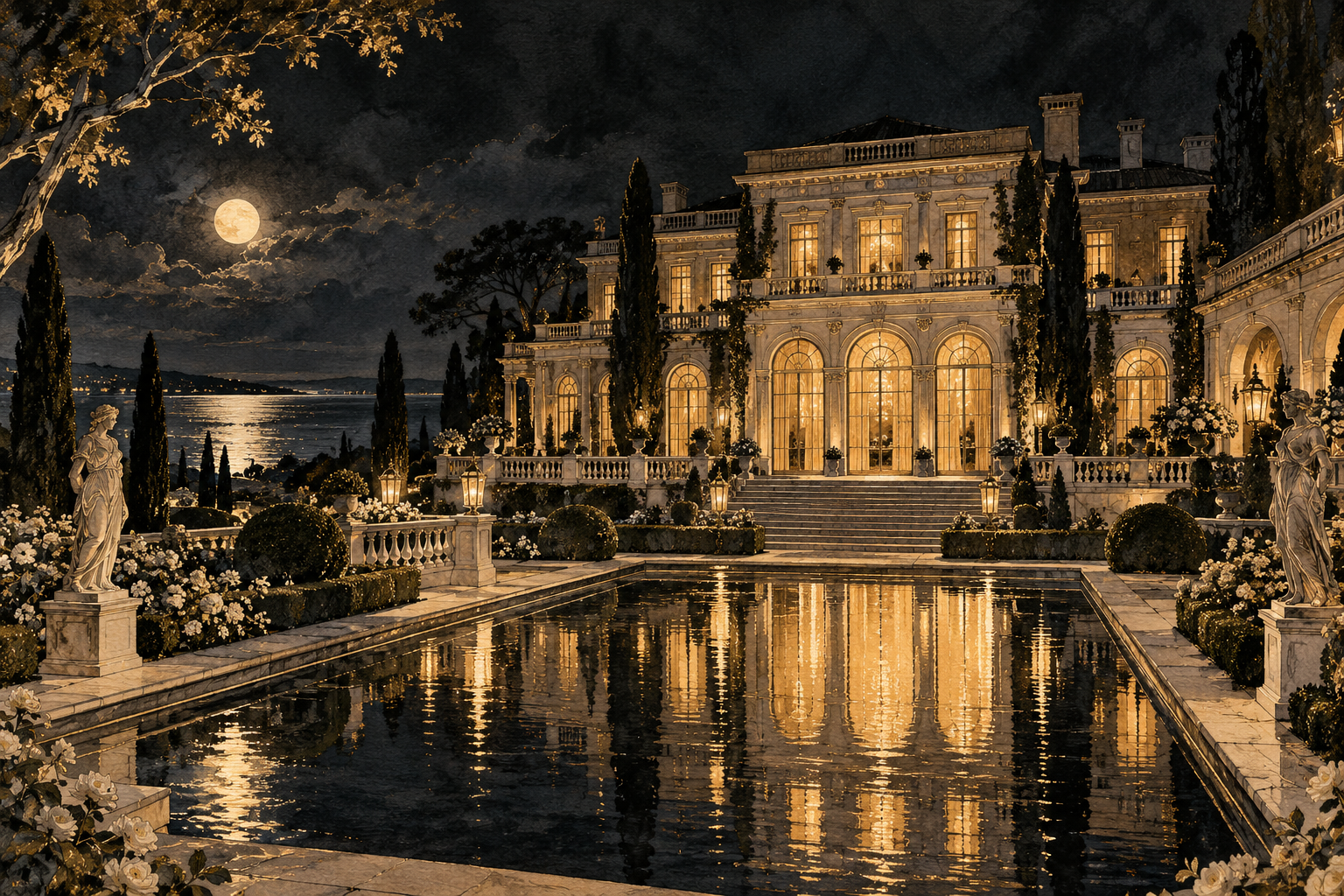 A grand Long Island mansion glowing gold at night