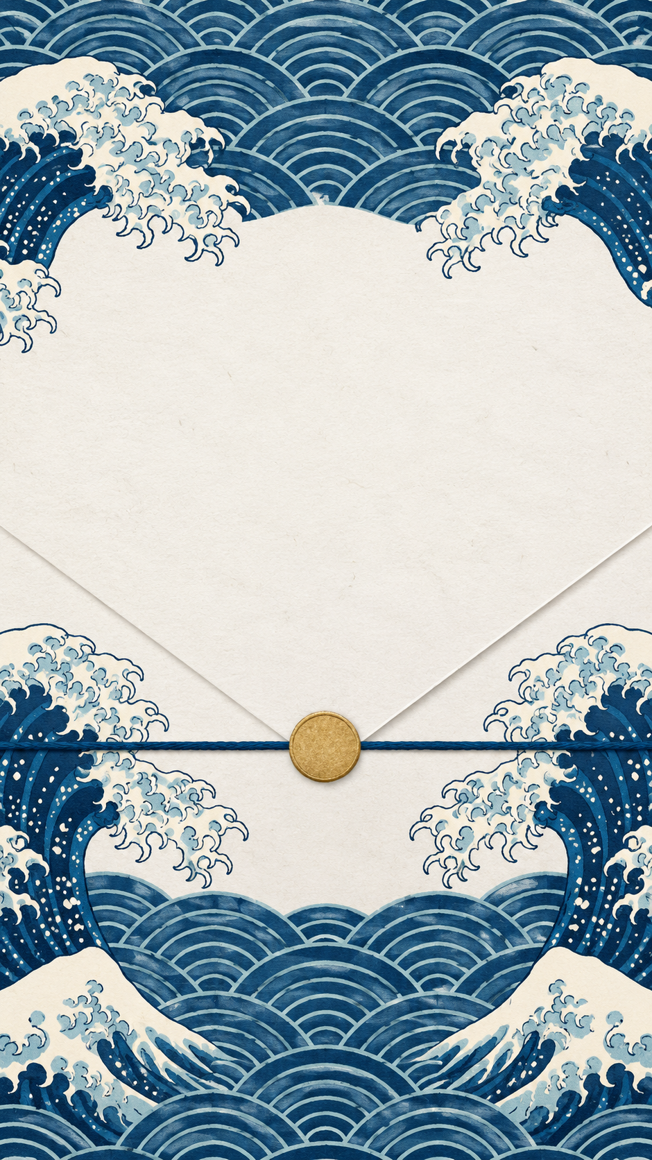 Indigo seigaiha envelope on ivory Washi with a gold seal