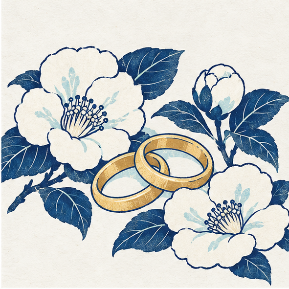 Gold rings in white camellias