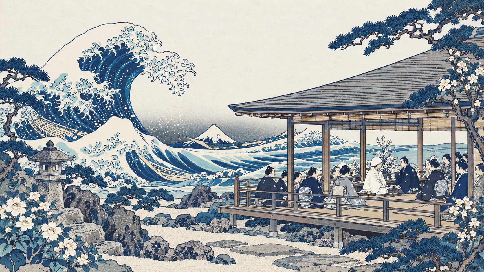 Watercolor coastal Japanese wedding pavilion and a terrace overlooking the sea