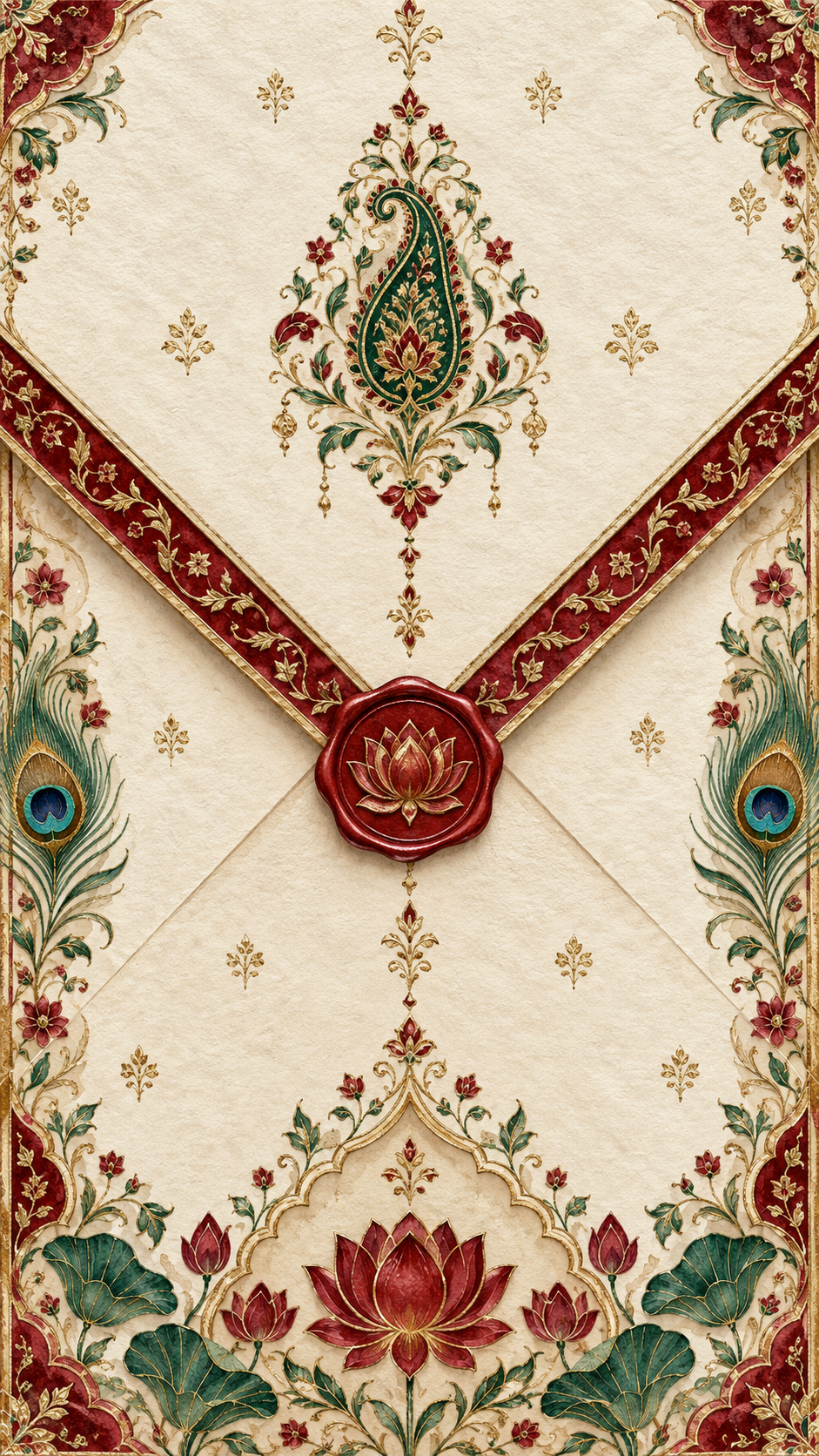 Hand-painted ivory envelope with crimson, emerald and golden paisley