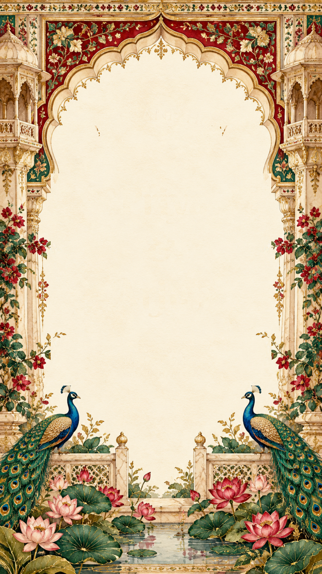 Rajasthan palace arch with peacocks, royal lotus and golden paisley