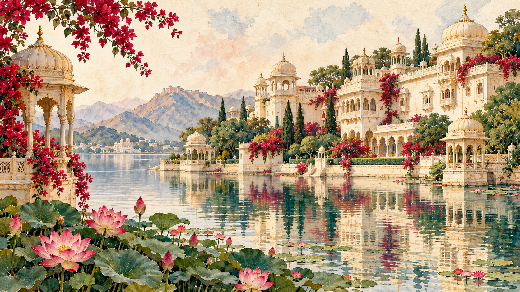 Watercolor lakeside Rajasthan palace and lotus gardens