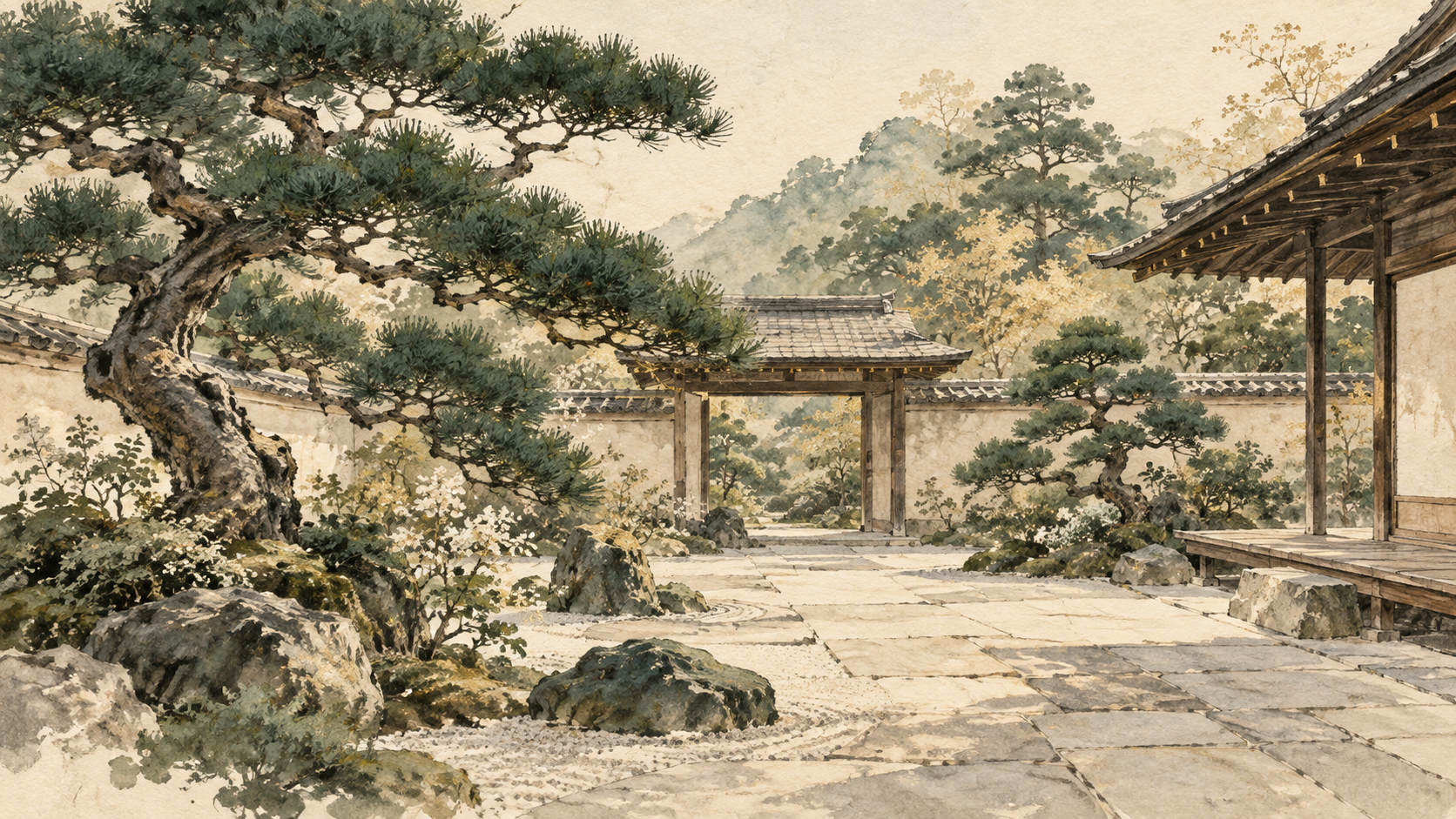Watercolor pine garden and Japanese courtyard