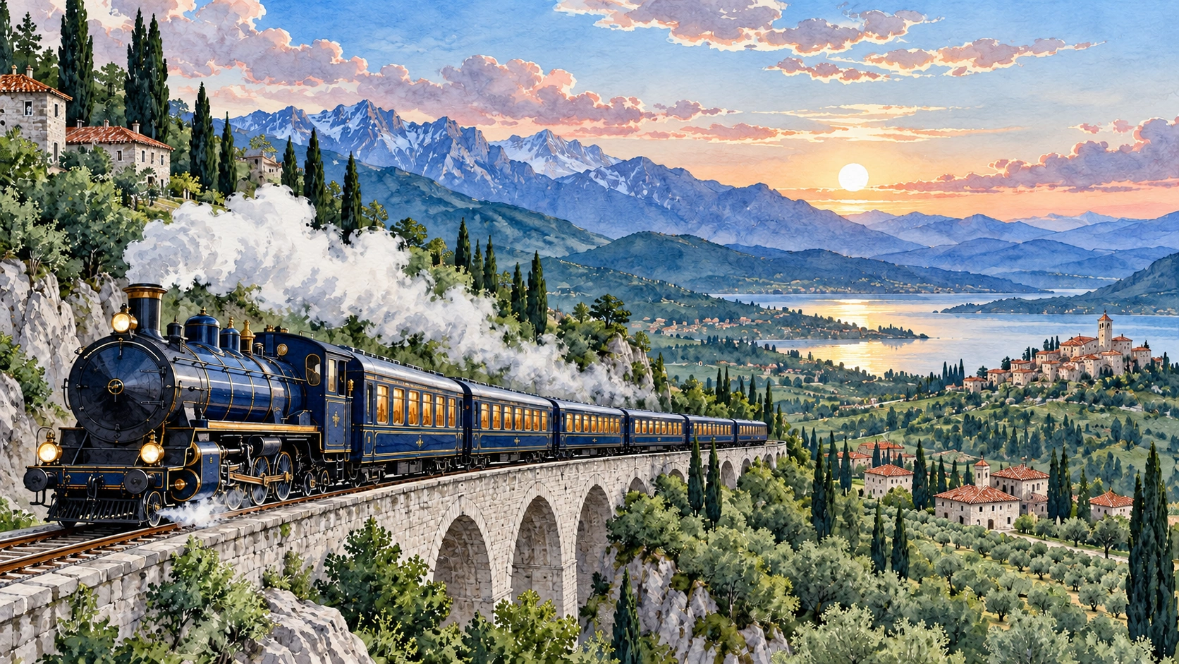 Luxury navy train passing through the European countryside