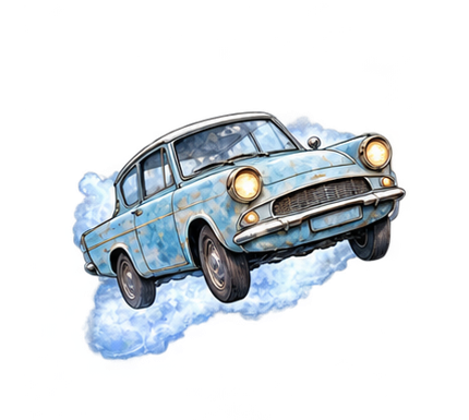 Watercolor blue flying Ford Anglia
