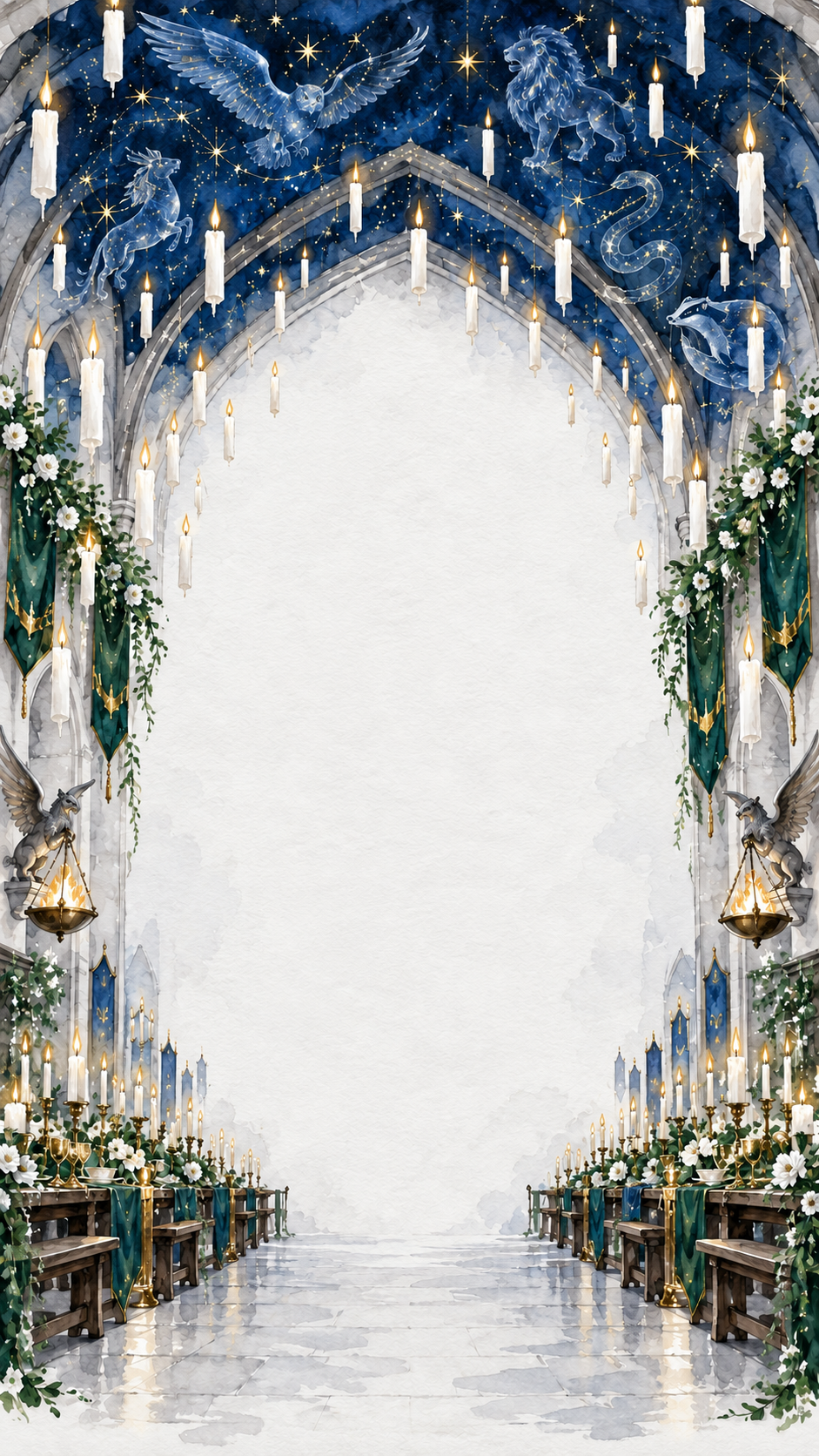 A watercolor Great Hall with floating candles and an enchanted ceiling