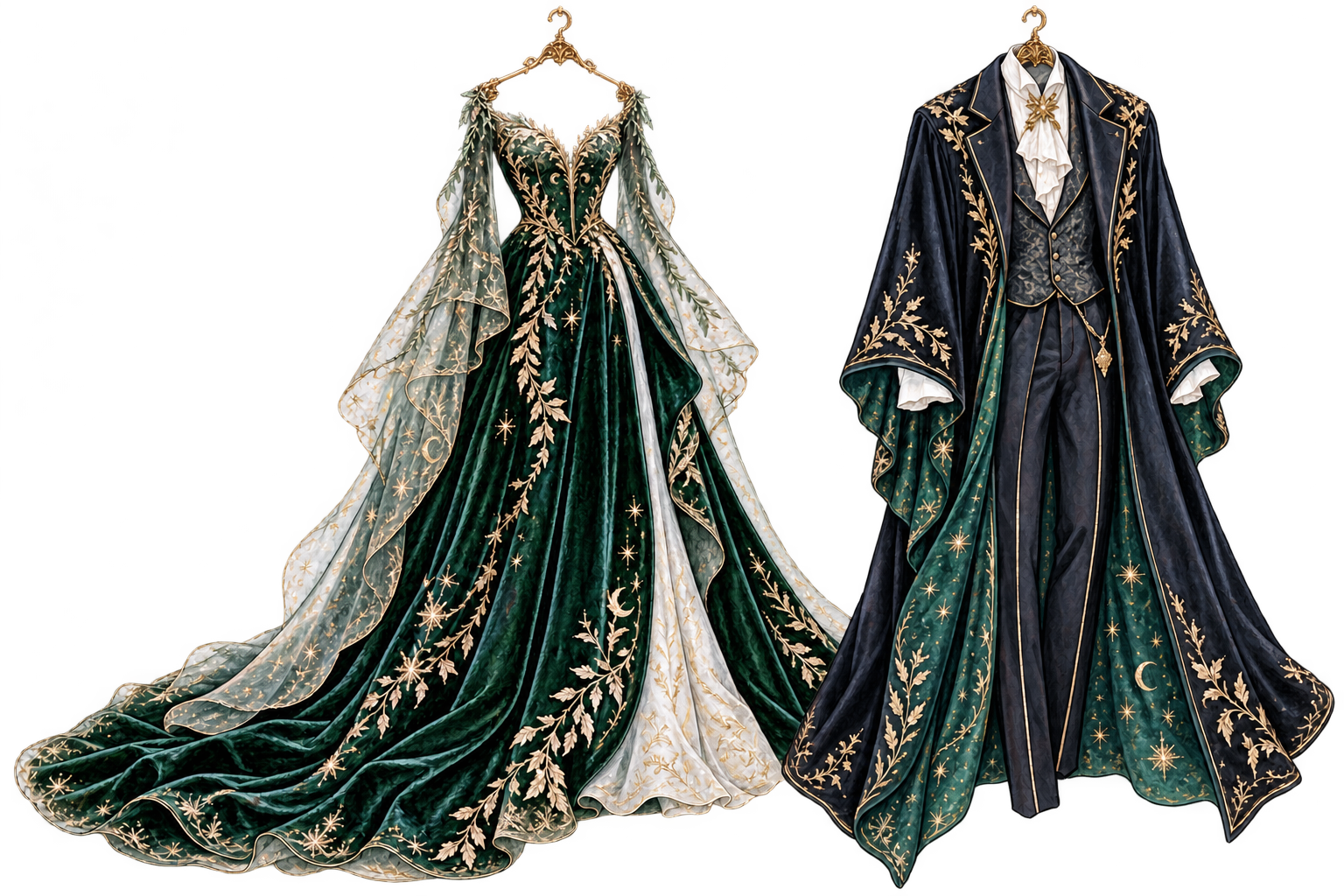 Hand-painted formal wizarding wedding outfits in velvet and gold