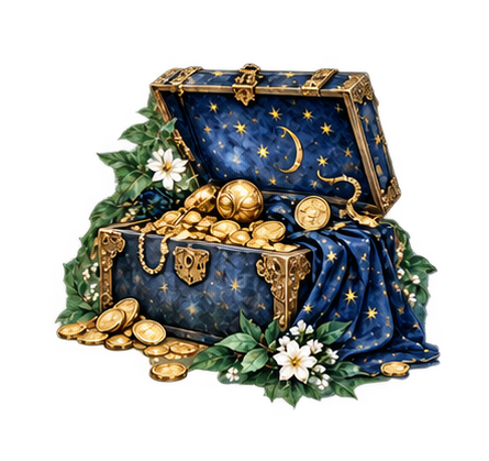 An open illustrated magical chest with gold coins