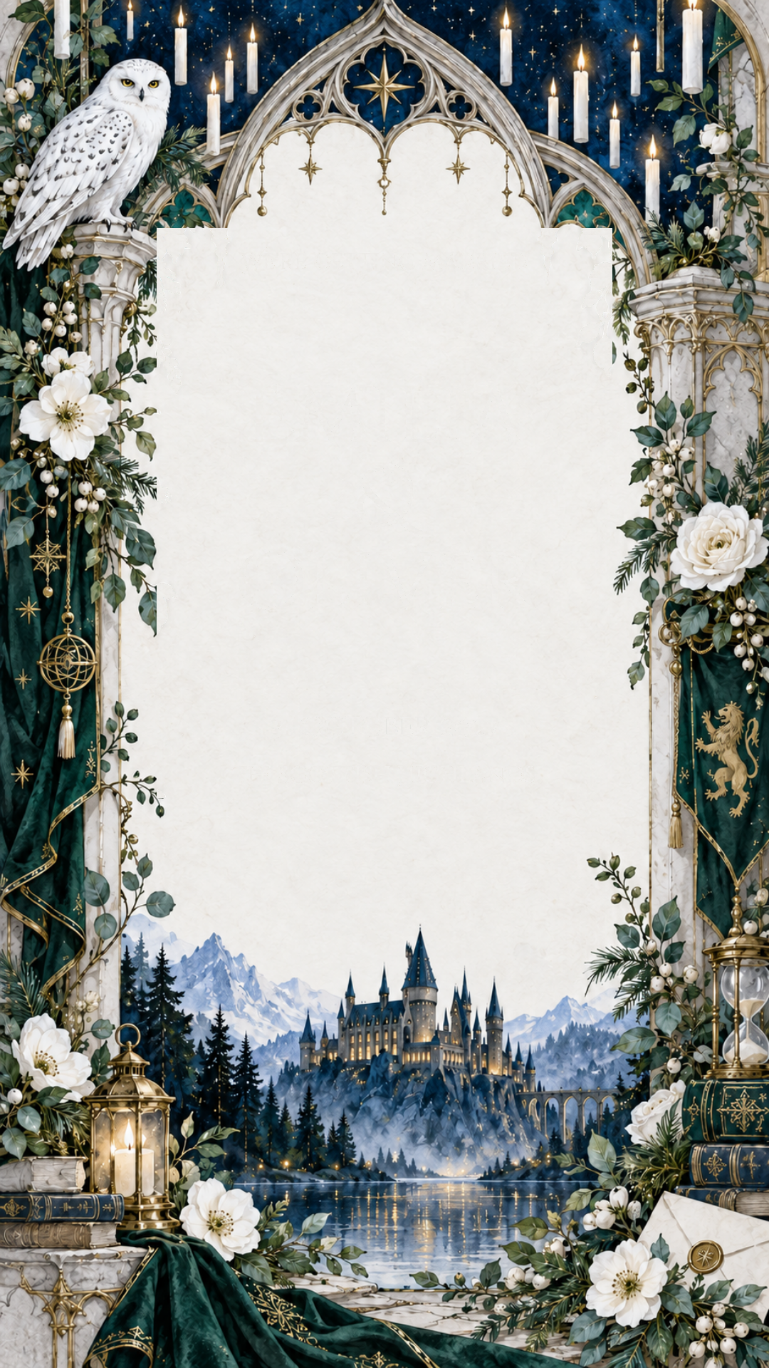 A parchment wedding invitation framed by Gothic arches, candles and a distant magical castle