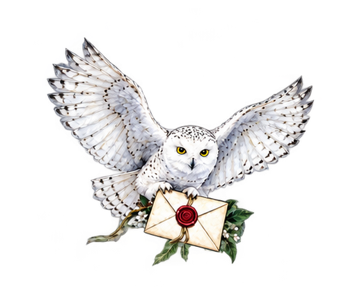 A snowy owl carrying a sealed wedding letter