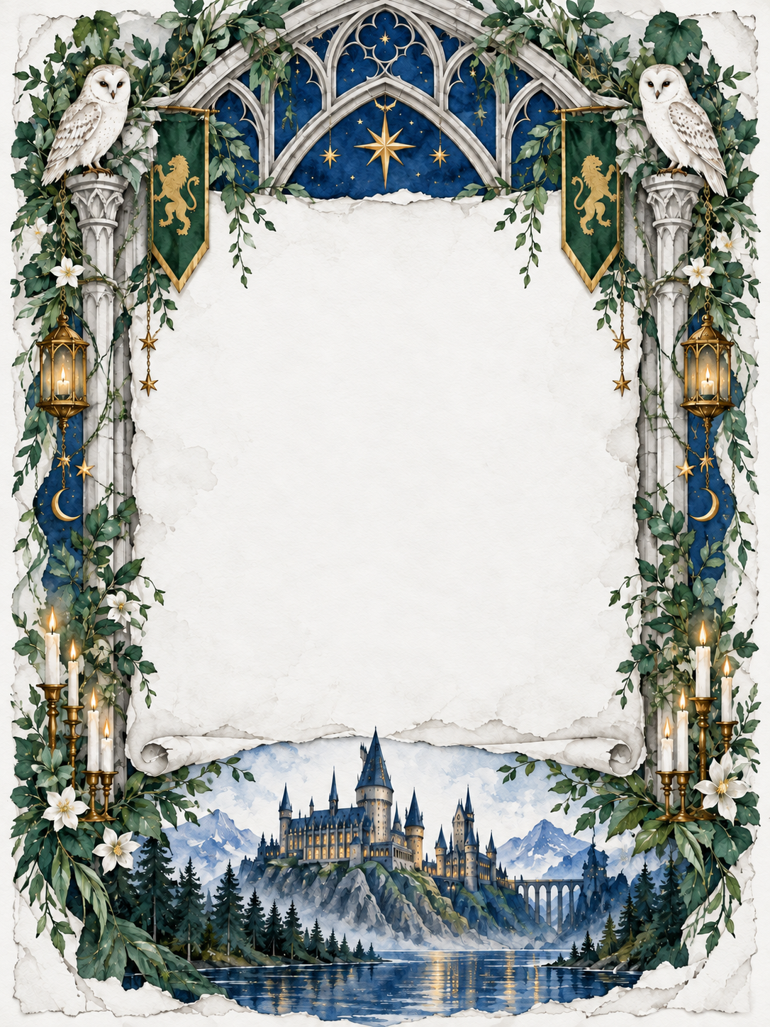 An illustrated Gothic frame with a magical castle below