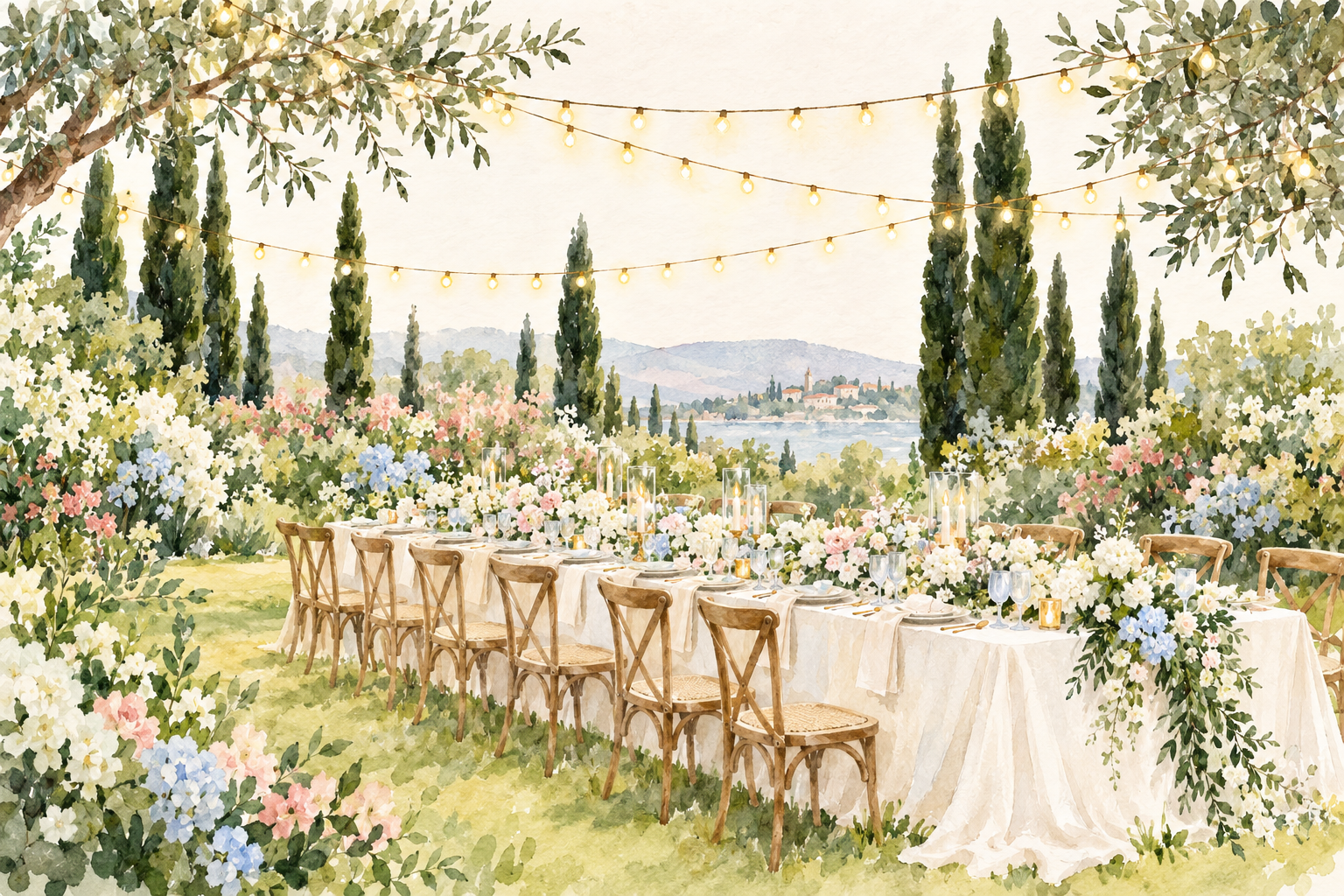Watercolor long-table garden reception beneath fairy lights