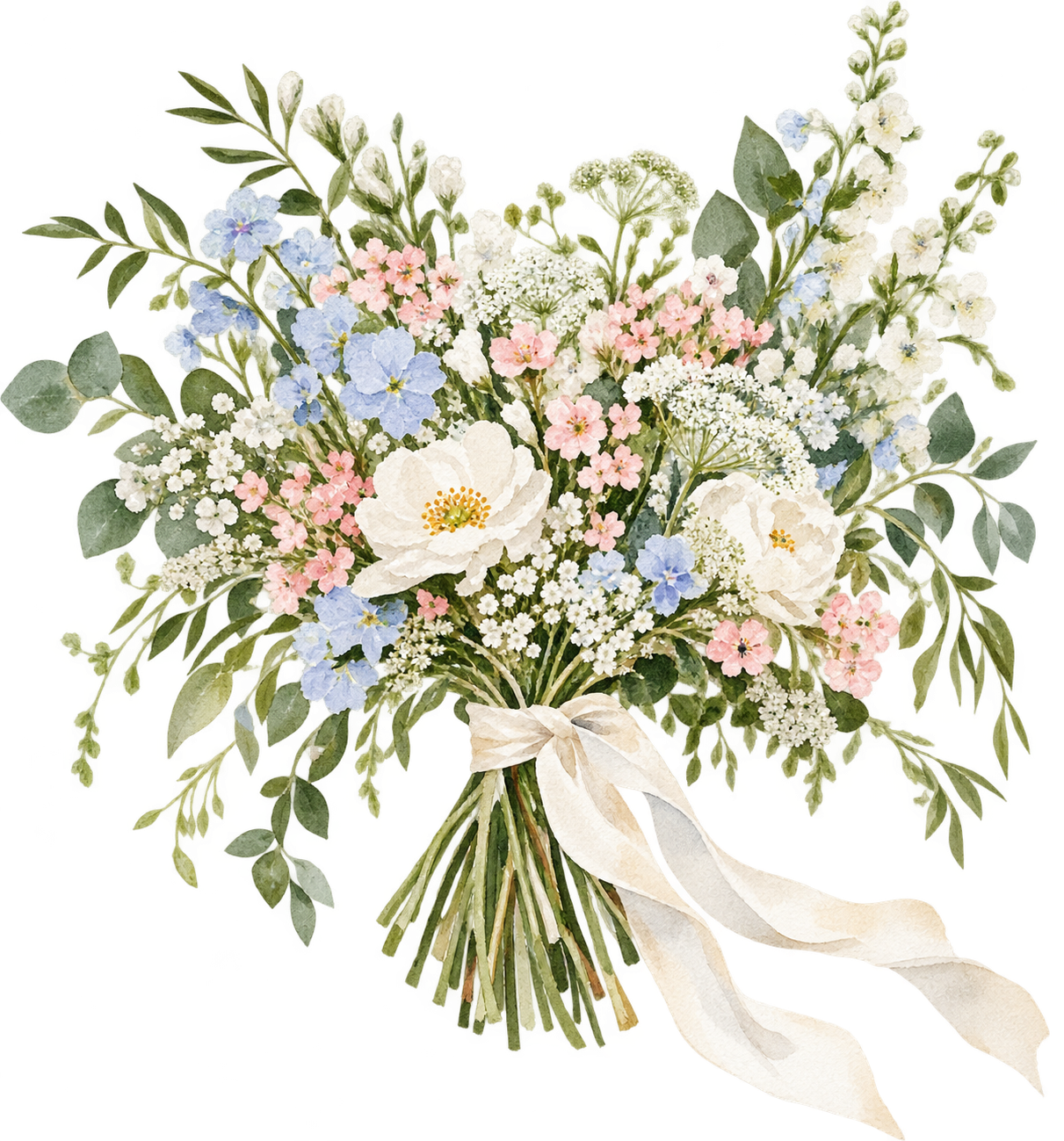 Loose watercolor bouquet of white and pastel garden flowers