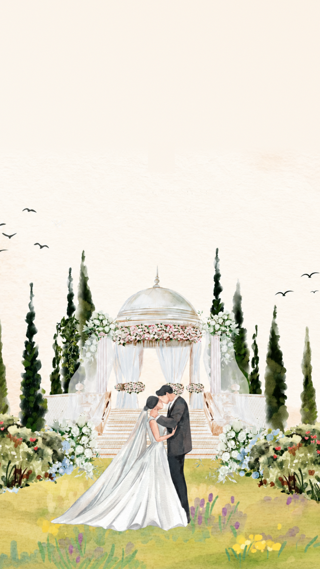Watercolor bride and groom beneath a flower-covered garden pavilion